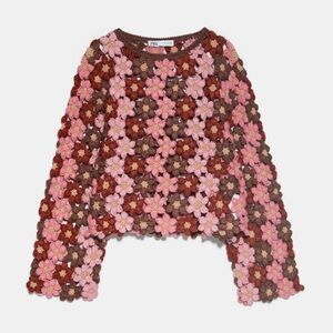 Zara Pink and Brown Open Knit Floral Sweater